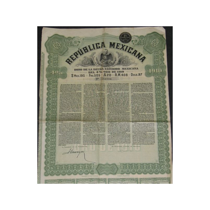 Republica Mexicana - Bono de la Deuda Extérior Mexicana del 4 % Oro de 1910