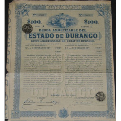 Dette Amortissable de l'Etat de Durango - $ 100