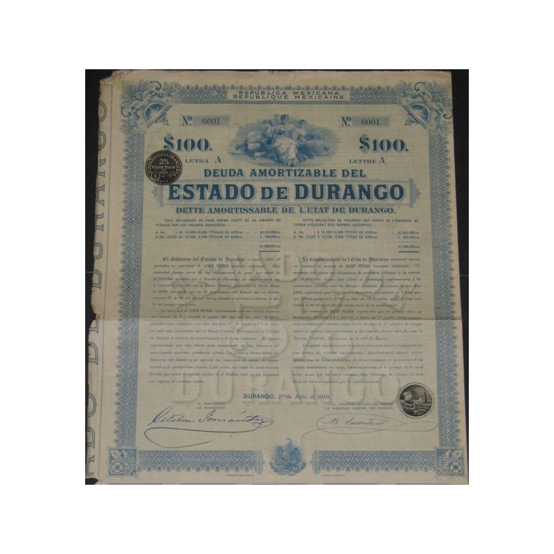 Dette Amortissable de l'Etat de Durango - $ 100