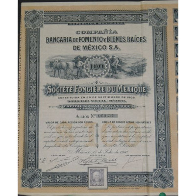 Cia Bancaria de Fomento y Bienes Raiges de México - Société Foncière du Mexique (Act 100 Piastres)