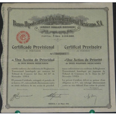 Banco Hipothécario de Crédito Territorial Mexicano - Crédit Foncier Mexicain (Certif provis)