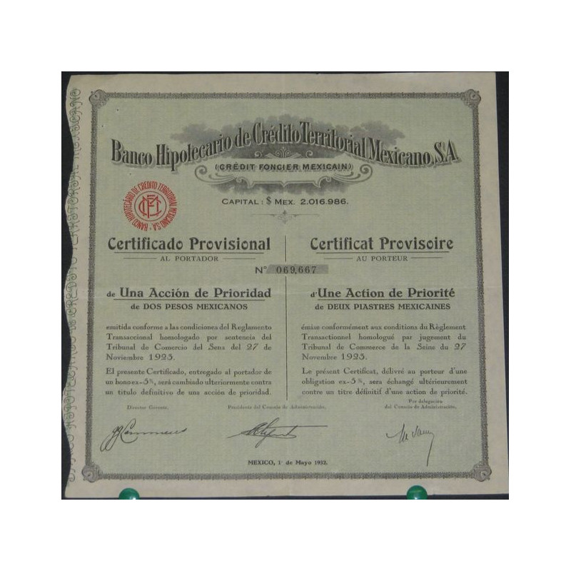 Banco Hipothécario de Crédito Territorial Mexicano - Crédit Foncier Mexicain (Certif provis)