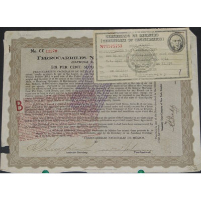 Ferrocarriles Nacionales de Mexico - Chemins de Fer Nationaux du Mexique (Bon 6 % Or)