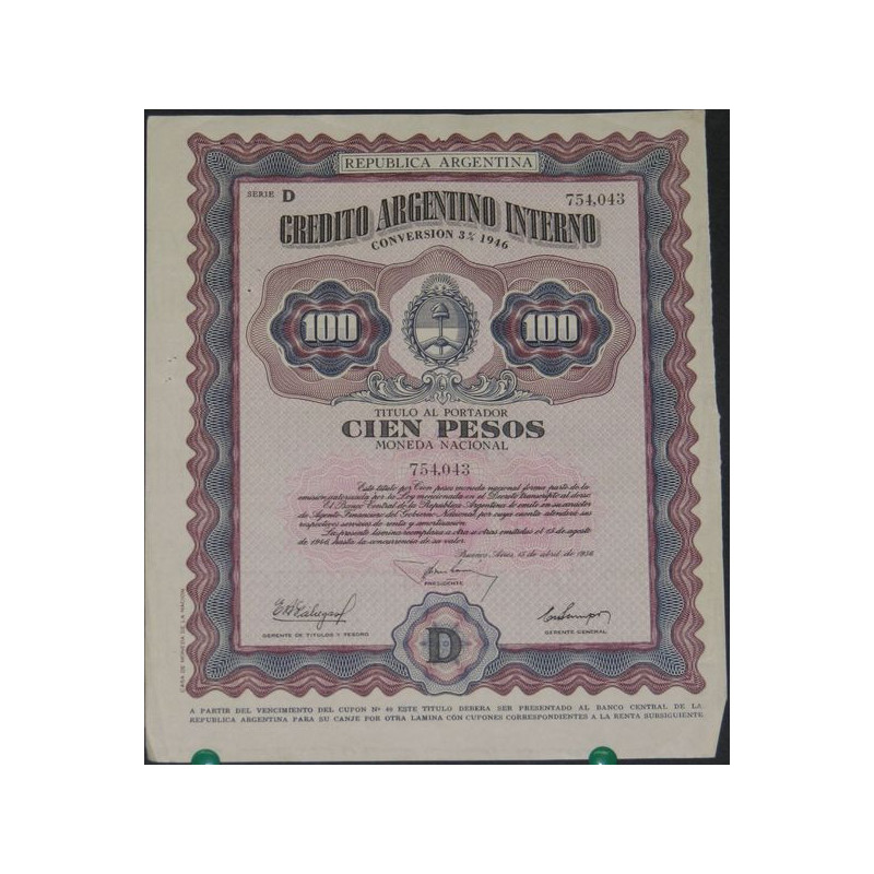 Credito Argentino Interno Conversion 3 % 1946 (100 Pesos)