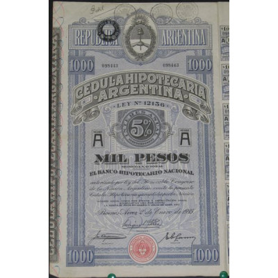 Cedula Hipotecaria Argentina 5 % - 1000 pesos
