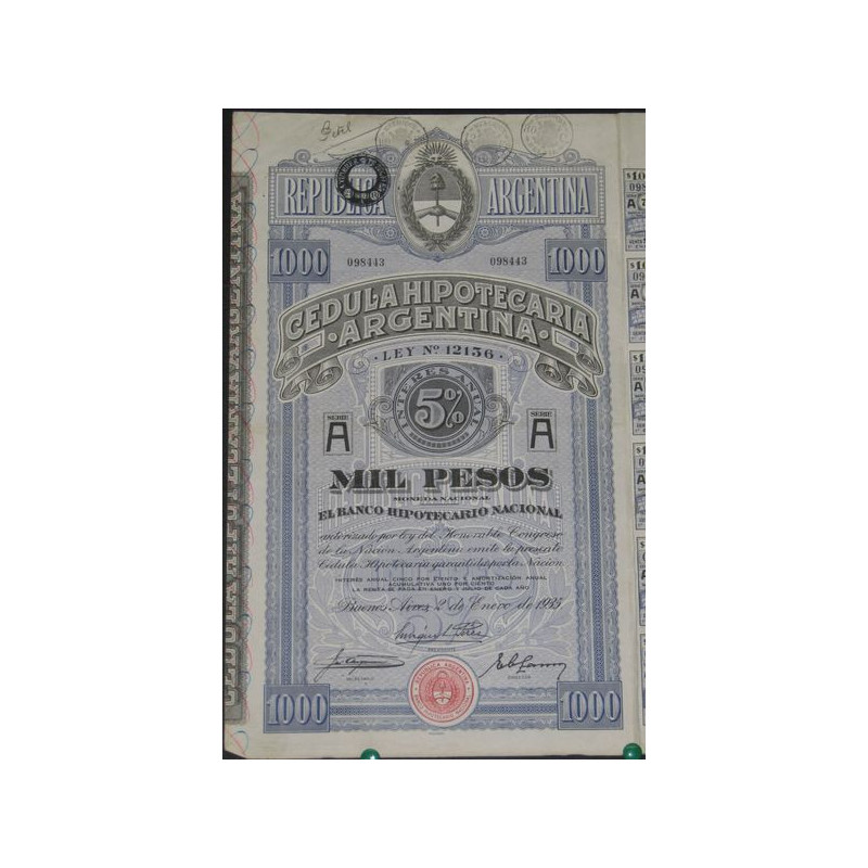 Cedula Hipotecaria Argentina 5 % - 1000 pesos