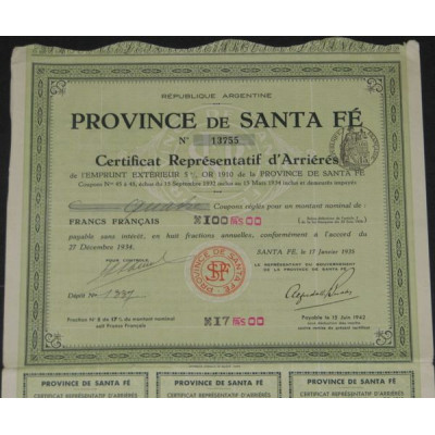 Province de Santa Fé - Emprunt Extérieur 5 % Or 1910