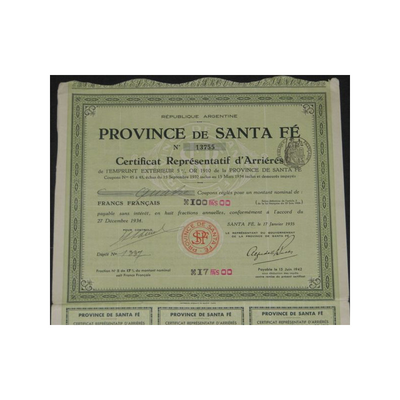 Province de Santa Fé - Emprunt Extérieur 5 % Or 1910