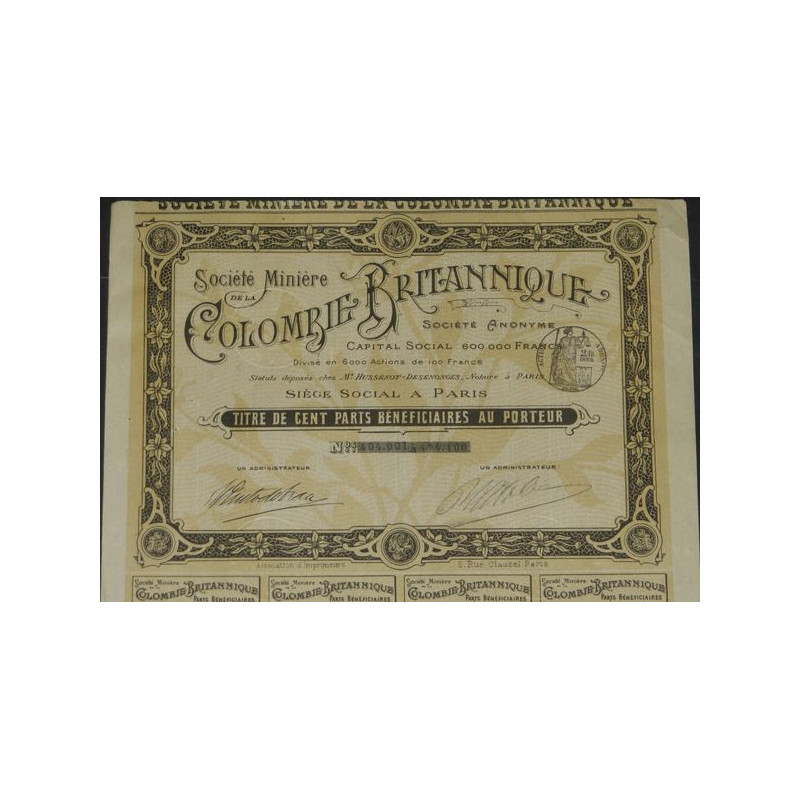 Sté Minière de la Colombie Britannique (100 PB)