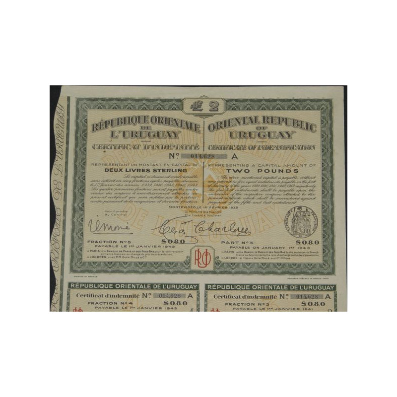République Orientale de l'Uruguay - Certificat d'Indemnité £ 2