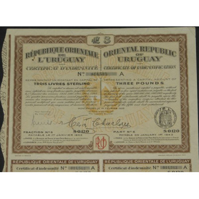 République Orientale de l'Uruguay - Certificat d'Indemnité £ 3