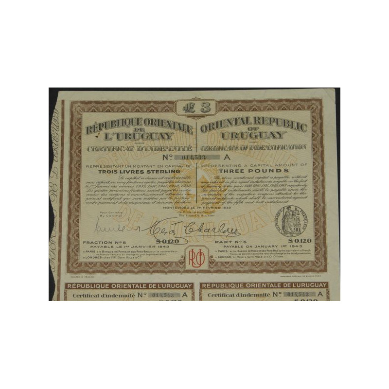 République Orientale de l'Uruguay - Certificat d'Indemnité £ 3