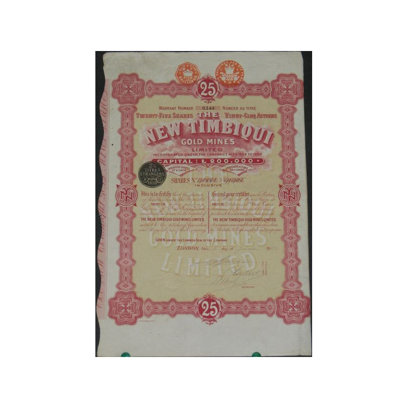 The New Timbiqui Gold Mines Ltd (Titre 25 Act 1£)