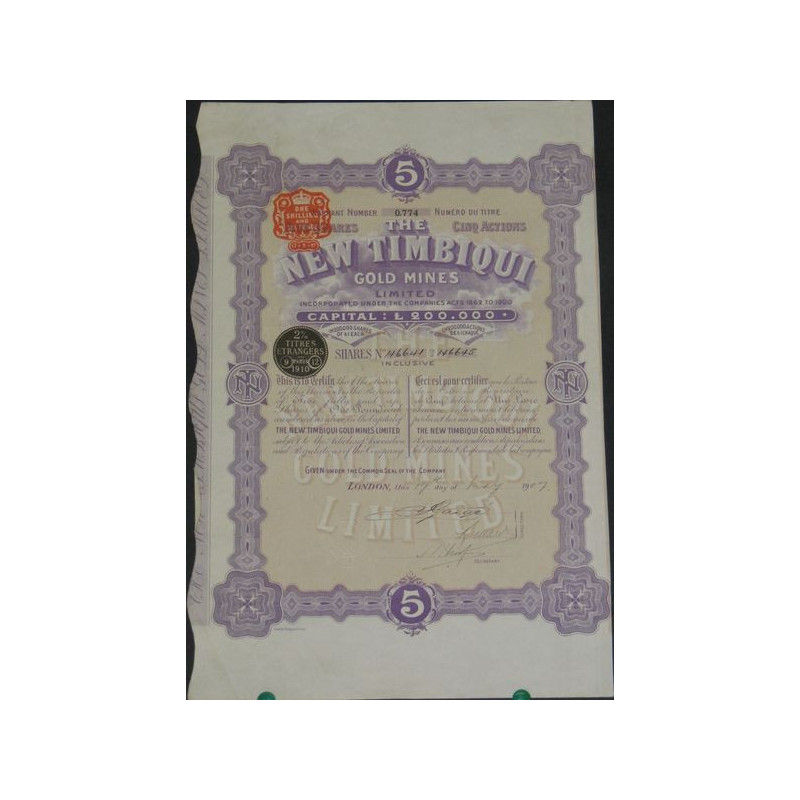 The New Timbiqui Gold Mines Ltd (Titre 05 Act 1£)