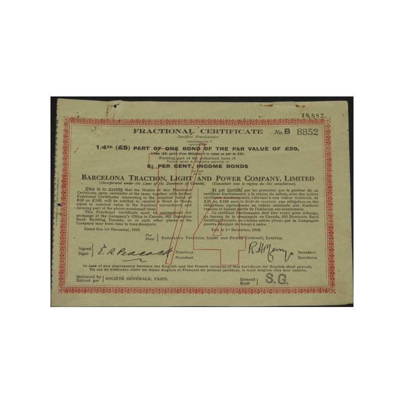 Barcelona Traction Light and Power Cy Ltd (certif fractionnaire 1/4)