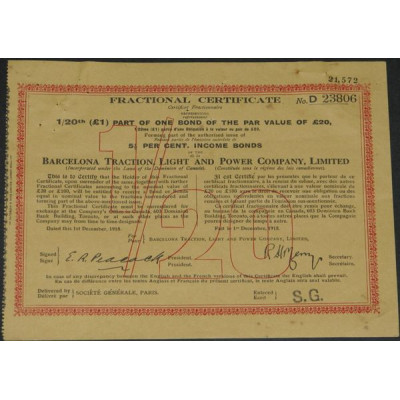 Barcelona Traction Light and Power Cy Ltd (certif fractionnaire 1/20)