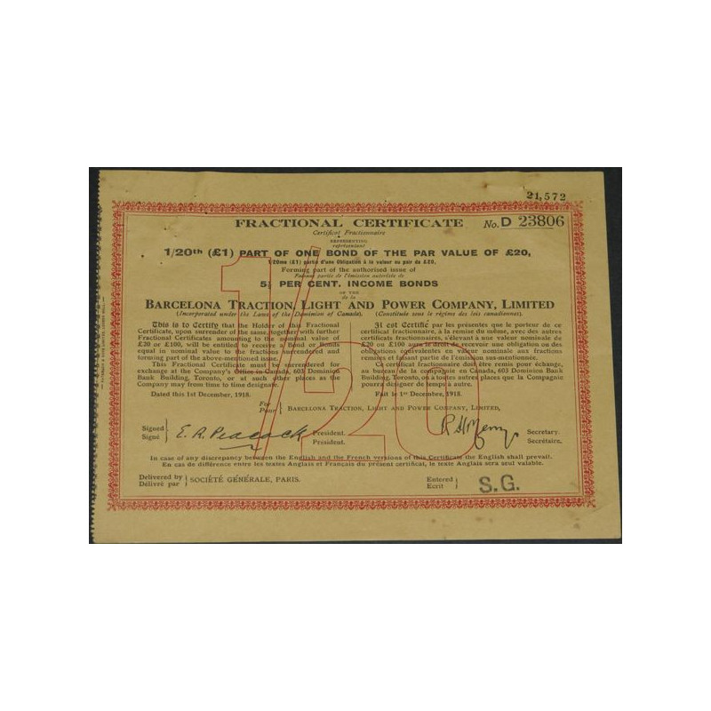 Barcelona Traction Light and Power Cy Ltd (certif fractionnaire 1/20)