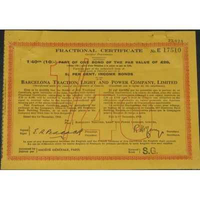 Barcelona Traction Light and Power Cy Ltd (certif fractionnaire 1/40)
