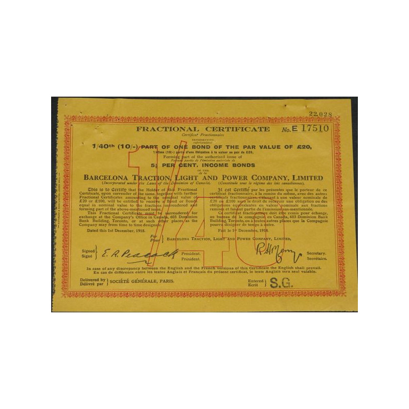 Barcelona Traction Light and Power Cy Ltd (certif fractionnaire 1/40)