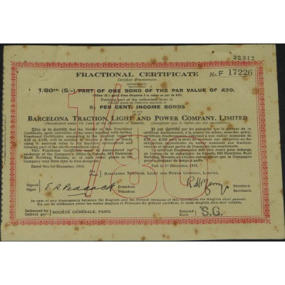 Barcelona Traction Light and Power Cy Ltd (certif fractionnaire 1/80)