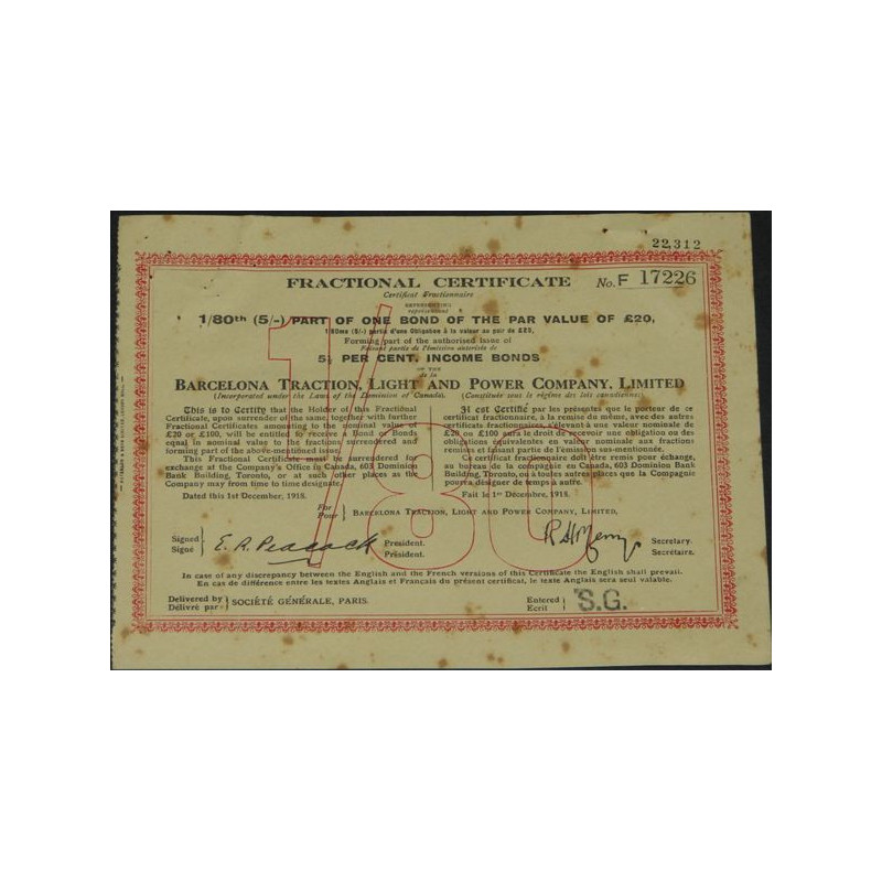 Barcelona Traction Light and Power Cy Ltd (certif fractionnaire 1/80)