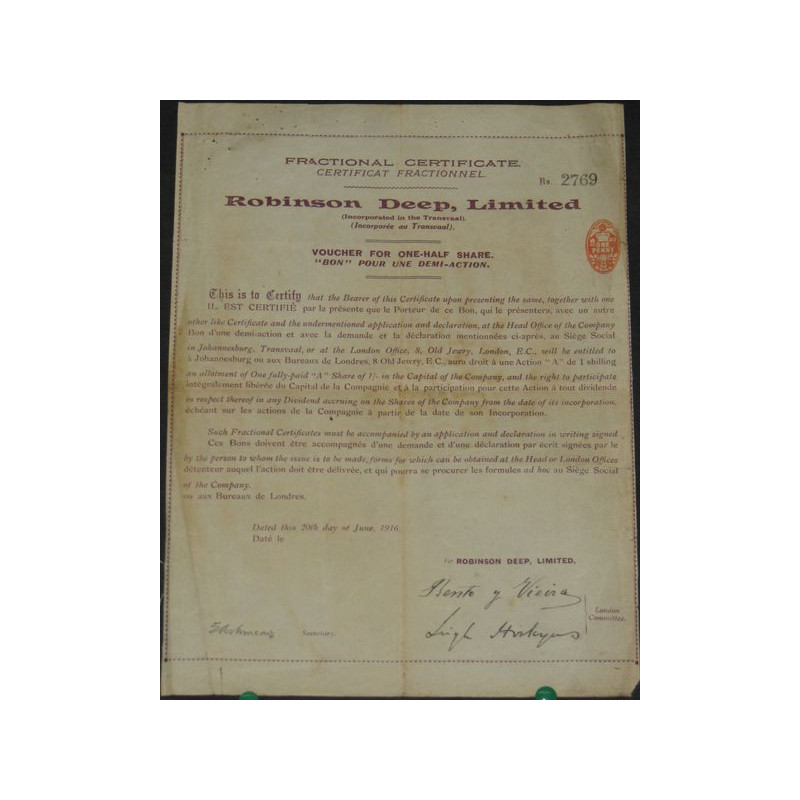 Robinson Deep Ltd (Certif frac)