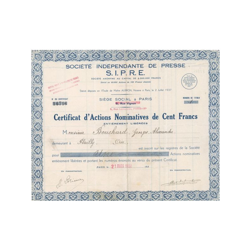 Sté Indépendante de Presse S.I.P.R.E. (CN)(Modele 2)