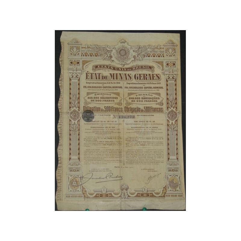 Etat de Minas Geraes - Emprunt de Conversion 4 1/2 % Or 1910