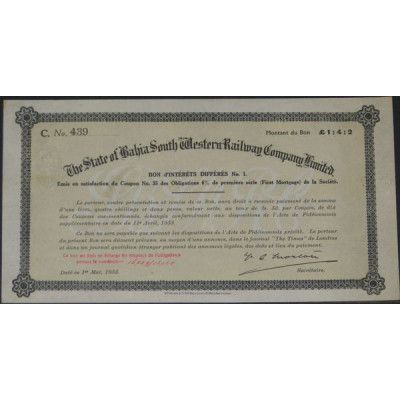 The State of Bahia South Western Railway Cy Ltd (Bon intérêts différés) modèle 1