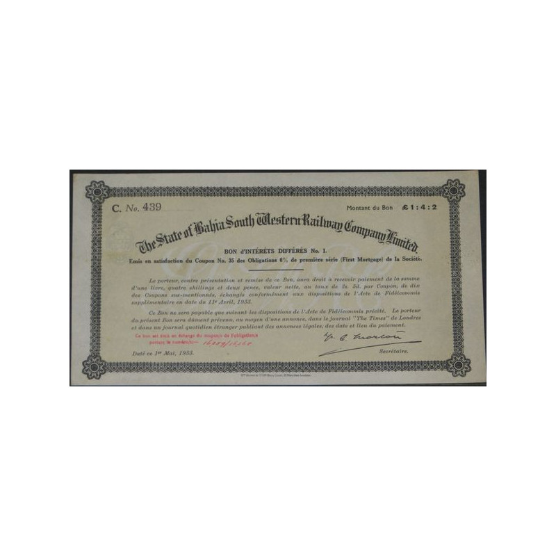 The State of Bahia South Western Railway Cy Ltd (Bon intérêts différés) modèle 1