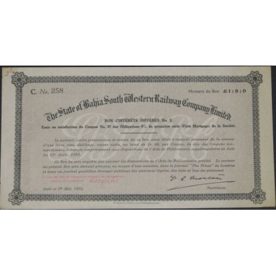 The State of Bahia South Western Railway Cy Ltd (Bon intérêts différés) modèle 2