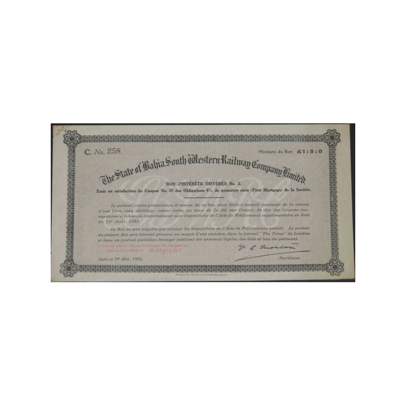 The State of Bahia South Western Railway Cy Ltd (Bon intérêts différés) modèle 2