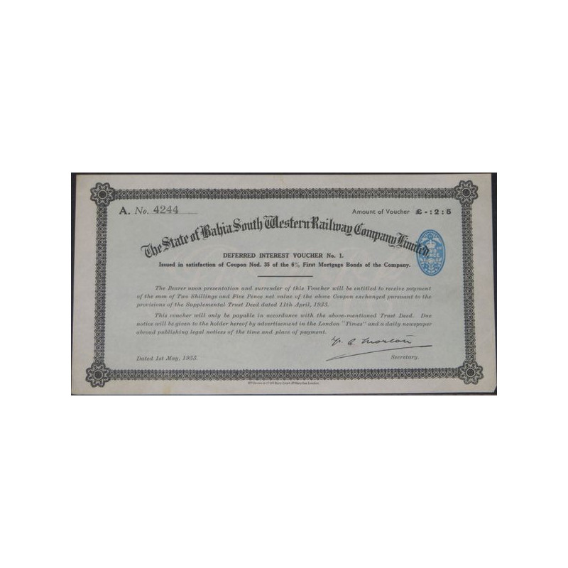 The State of Bahia South Western Railway Cy Ltd (Bon intérêts différés) modèle 3