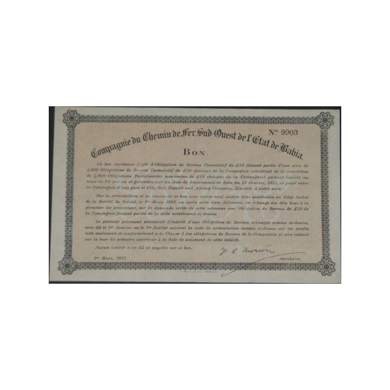 Cie du Chemin de Fer Sud-Ouest de l'Etat de Bahia - Bon - modèle 1
