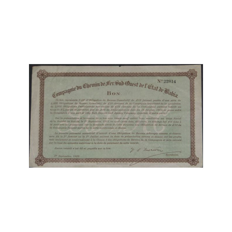 Cie du Chemin de Fer Sud-Ouest de l'Etat de Bahia - Bon - modèle 2