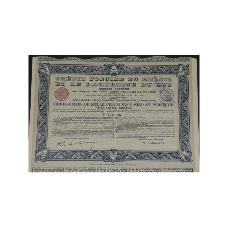 Crédit Foncier du Brésil et de l'Amérique du Sud (Obl 1000 F 5 % 1930)(modèle 1)