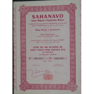 Sahanavo Sté Malgache d'Exploitations Minières (100 Ac)