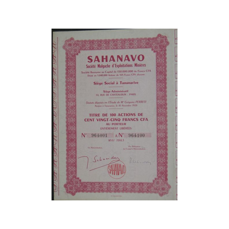 Sahanavo Sté Malgache d'Exploitations Minières (100 Ac)