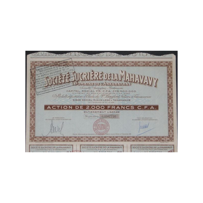 Sté Sucrière de la Mahavavy (Domaine de l'Ankaratra) (Act 2000 F CFA)