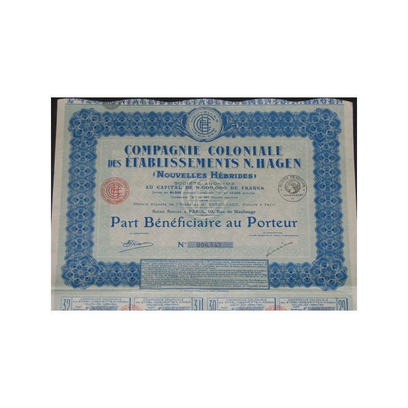 Cie Coloniale des Ets N. Hagen (Nouvelles-Hébrides) (PB modèle 1)