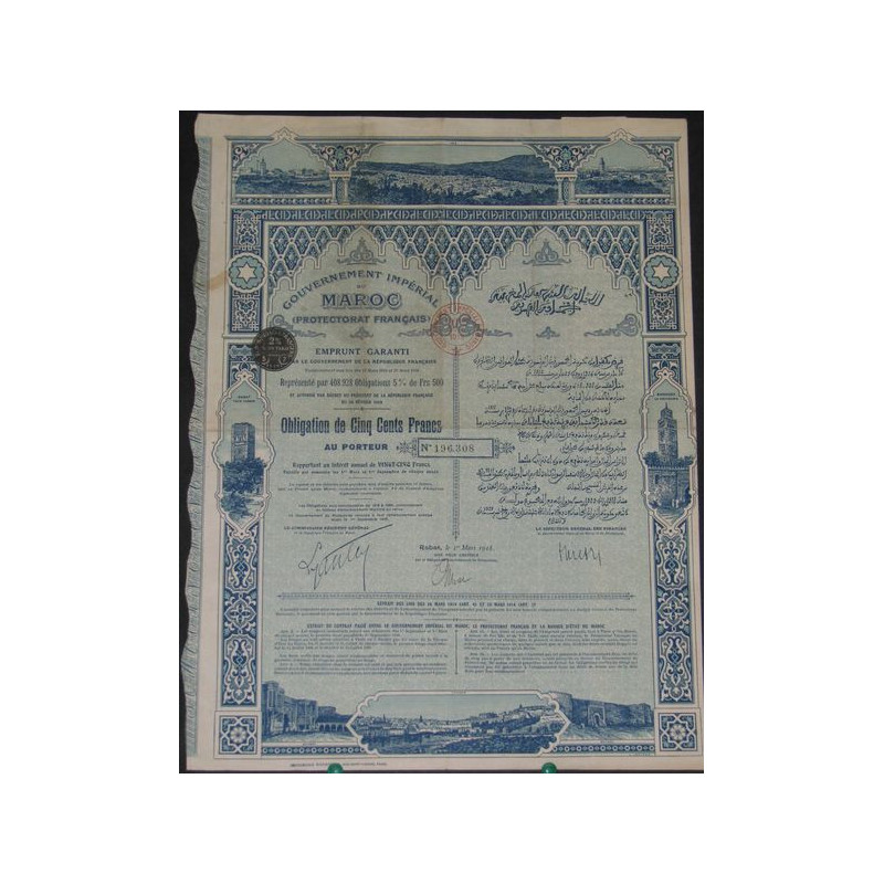 Gvt Impérial du Maroc (Protectorat Français) Emprunt garanti 5 %