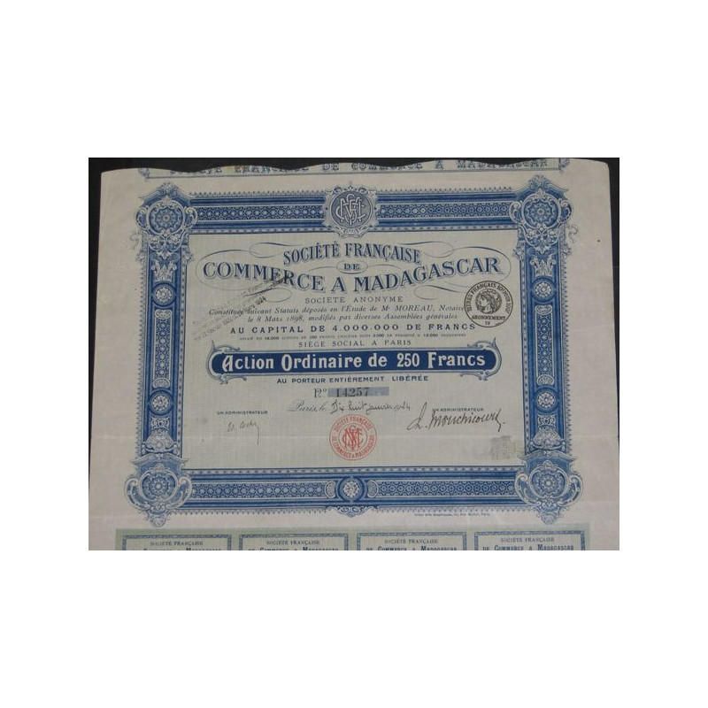 Sté Française de Commerce à Madagascar (Capital 4 000 000 Francs)(Act O 250 F)
