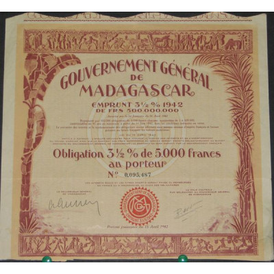 Gvt Général de Madagascar - Emprunt 3 1/2 % 1942
