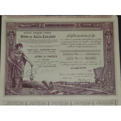 S.A. Turque des Mines de Balia-Karaidin - 1926 (capital 35 000 000 F)