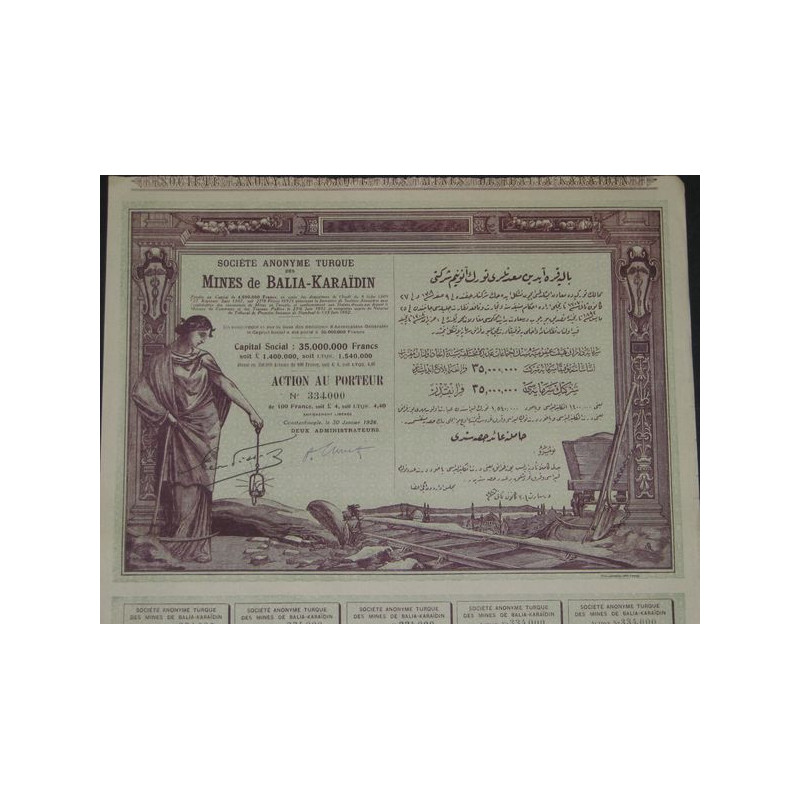 S.A. Turque des Mines de Balia-Karaidin - 1926 (capital 35 000 000 F)