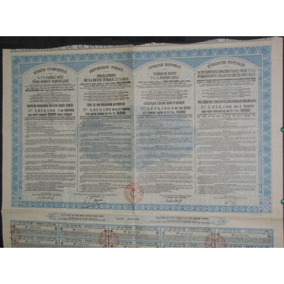 République Turque - Obligations de la Dette Turque 7 1/2 % 1933 (bleue)