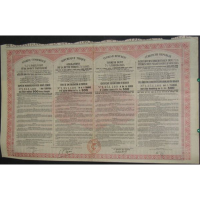 République Turque - Obligations de la Dette Turque 7 1/2 % 1933 (rouge)