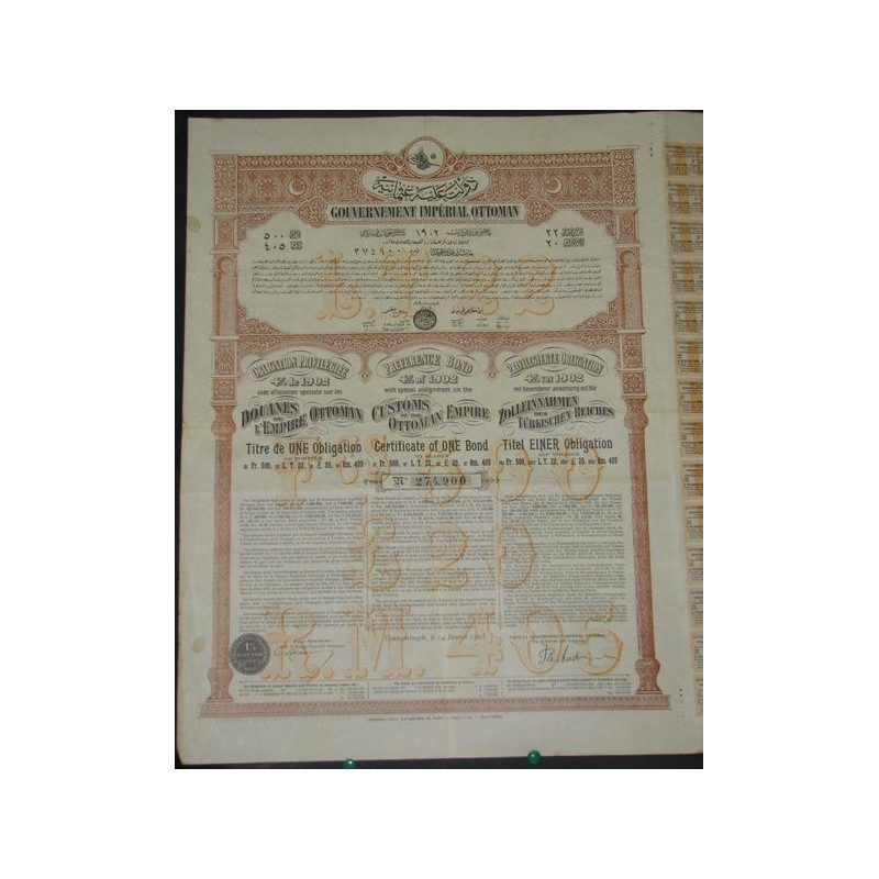 Gvt Impérial Ottoman - Obl Privilégiée 4 % de 1902 avec affectation spéciale sur les Douanes de l'Empire Ottoman