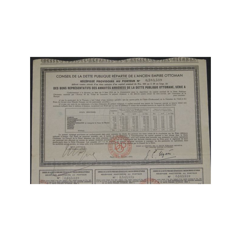 Bons représentatifs des annuités Arriérées de la Dette Publique Ottomane "Série A"