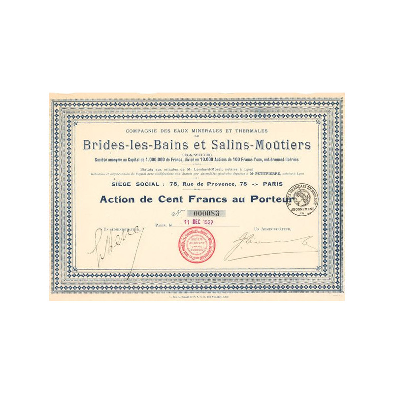 Cie des Eaux Minérales et Thermales de Brides-les-Bains et Salins-Moutiers (Act 100 F) (modèle 2)